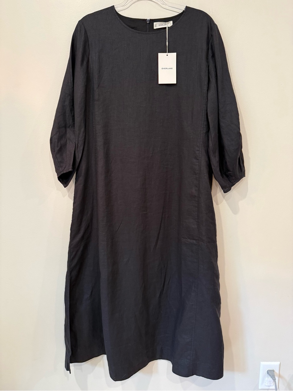 NWT Everlane The Linen A-Line Midi Dress Black Size 10 Large Balloon Sleeve